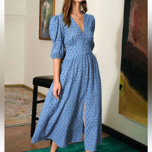 Rihoas The Blue Puff Sleeve Cutout Slit Maxi Dress - Picture 2 of 8